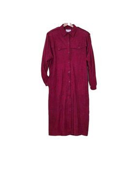 Vtg 80s Stanley Sherman Red Suede Shirt Dress Duster US12 LS Lined Academia Boho